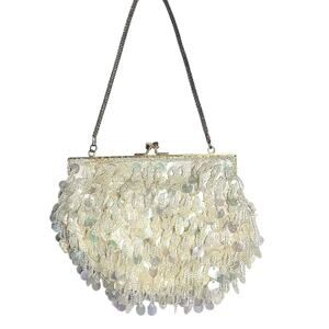Mr Ernest Evening Hand Bag White Vintage Beaded & Sequins Purse Madein Hong Kong